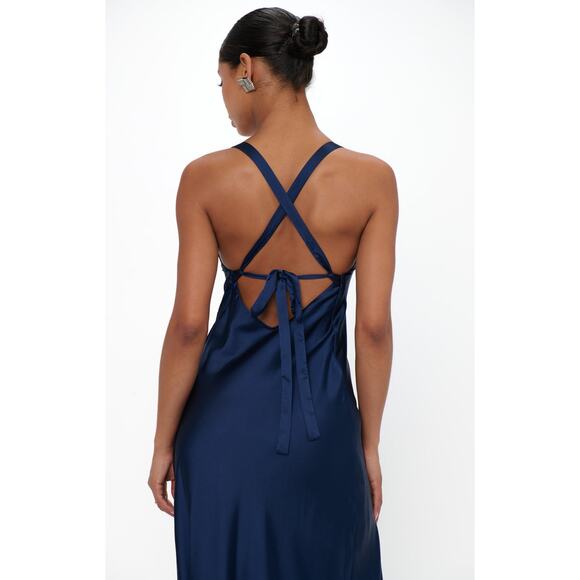 Show Me Your Mumu Anderson Maxi Dress in Midnight Navy Luxe Satin XXS - Picture 4 of 7